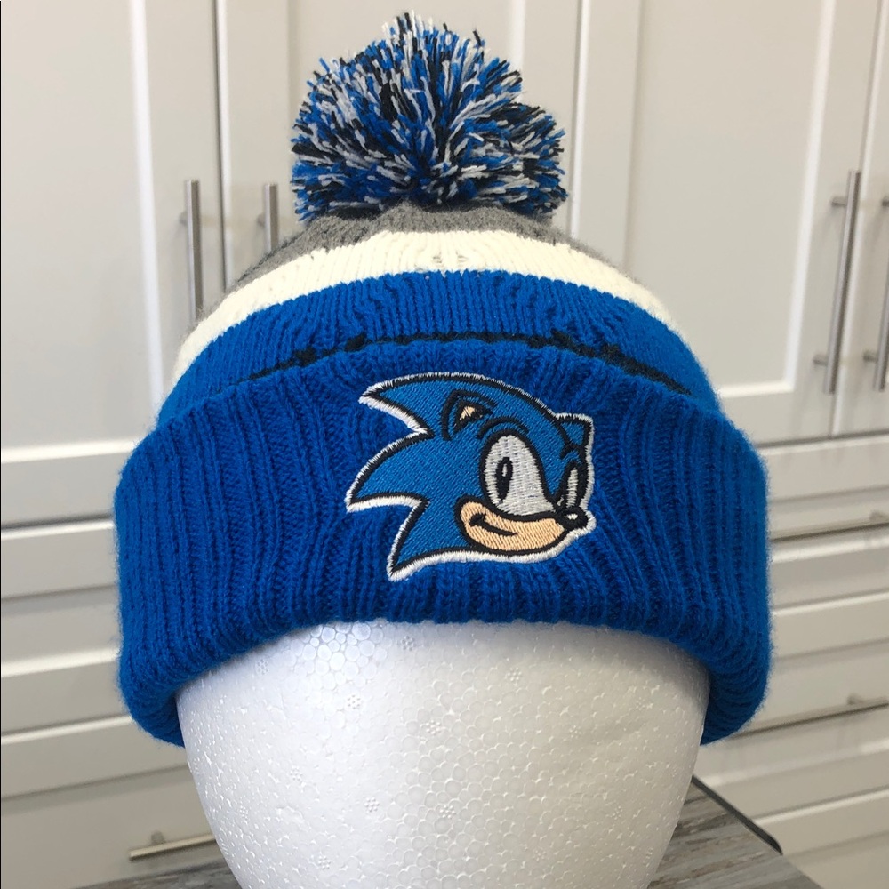 Sonic the Hedgehog Knit Beanie Hat –Blue/White/Gray Striped– Pom Pom – One Size